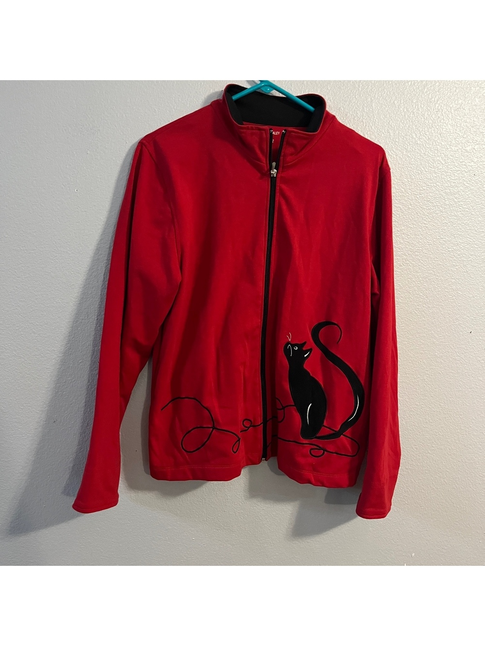 Allison Daley Petite M Red Black Cat Zip Sweater Embroidered Novelty Whimsical